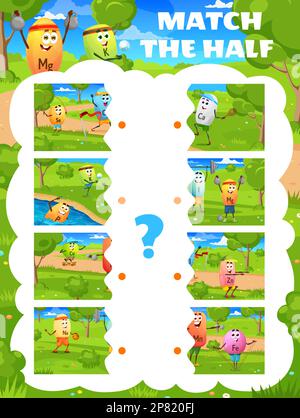 Die Hälfte der Zeichentrickfiguren, Vitaminsportler, Vektorspiel-Arbeitsblatt. Kinder-Quiz, um geeignete Bilder mit Mikronährstoffen im Sport zu finden, Stock Vektor
