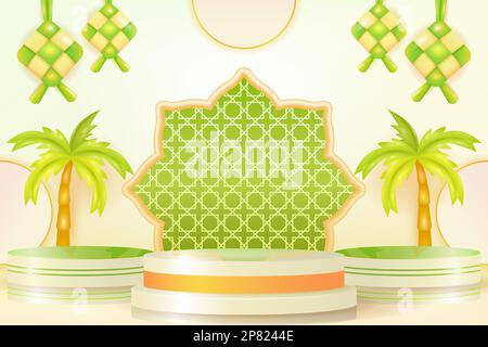 Weiches und elegantes islamisches Podium mit Kokosnussbaum, Moschee, Lampe und Vorhangverzierungen. 3D-realistischer Vektor Stock Vektor