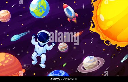 Cartoon-Astronauten-Figur im Weltall. Weltraumplaneten und Sterne. Galaxie-Erforschung, Planeten-Forschungsvektortapeten, Sonnensystem-Planeten-Hintergrund Stock Vektor