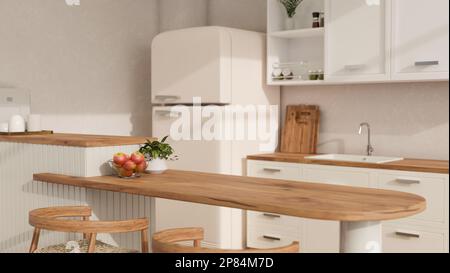 Nahaufnahme, Modellbereich für die Produktpräsentation auf Hartholz Küchentischplatte in minimalistischem skandinavischem Weiß und Holzküchen-Innendesign. 3D rende Stockfoto