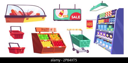 Supermarkt, Geschäft und Markt Regale, Ausstellungen mit Lebensmitteln, Stand mit Obst und Gemüse, Kühlschrank, Körbe und Trolleywagen, Vektorset isoliert auf weißem Hintergrund Stock Vektor
