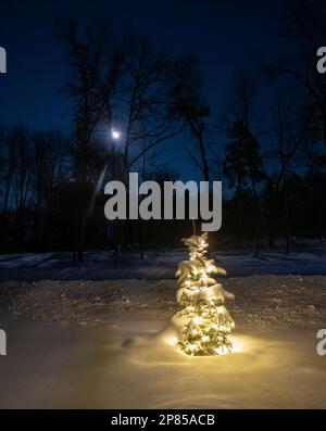 Wunderschöne stille Weihnachtsszene eine Winternacht mit schneebedeckten Lichtern auf einer Fichte und dem Mond, der durch den Wald scheint, mit Linsenerscheinungen. Stockfoto