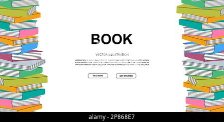 Gliederungsbanner für Bücher. Hintergrund für geschlossene und offene Bücher. Buchladen, Bibliothek, Buchladen Illustration. Literatur, Wörterbücher, Planer. Stock Vektor