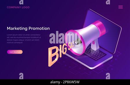 Marketingförderung, isometrische Konzeptdarstellung. Großes Megafon oder Lautsprecher mit Wörtern große Verkaufszahlen fliegen und öffnen Laptop, Landing-Webseite der Werbeagentur. Ultraviolettes Banner Stock Vektor