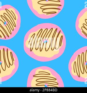 Nahtloses Muster von Donut-Ringen im flachen Cartoon-Stil. Schokoladen- und Vanillecreme und pinkglasierte Basis. Süße Bäckerei. Die farbenfrohe Darstellung des Vektors ist Stock Vektor