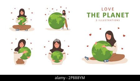 Ich liebe den Planeten. Eine lächelnde araberin umarmt den Erdball mit Liebe und Sorgfalt. Internationaler Mutter-Erde-Tag. Natur- und Umweltfreundlichkeit. Satz von Stock Vektor