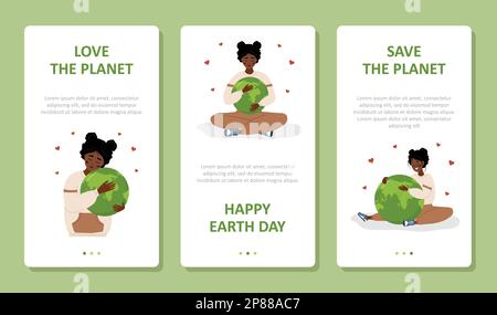 Illustrationen vom Erdtag. Satz Vektorposter. Süßes afrikanisches Mädchen umarmt Planet mit Sorgfalt und Liebe. Perfekt für Webdesign und Geschäftspräsentationen Stock Vektor