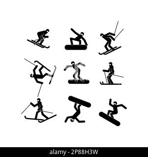 Symbolsatz für Snowboarder und Skifahrer. Snowboarden und Skifahren. Vektordarstellung Stock Vektor