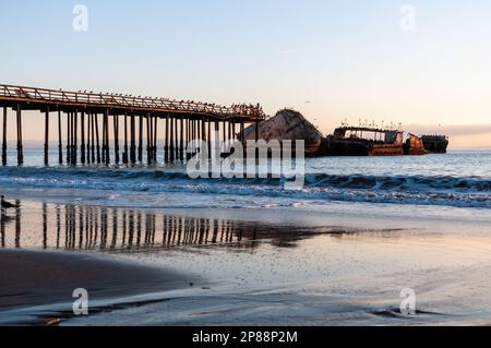 Nahaufnahme der SS Palo Alto, ein altes Schiffswrack aus dem Zweiten Weltkrieg bei Sonnenuntergang, vor der Küste von Aptos, in der Nähe von seacliff Beach, Californa Stockfoto