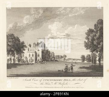 Südblick auf Strawberry Hill, in der Nähe von Twickenham. Villa im gotischen Stil, erbaut für Schriftsteller, Historiker und Politiker, Horace Walpole, 1717-1797. Gentleman und Ladys mit Hunden spazieren durch die Gärten vor dem Kronenhaus. Entworfen vom Amateurarchitekten John Chute und Designer Richard Bentley. Copperplate-Gravur von Michael Angelo Rooker nach einer Illustration von Paul Sandby vom Copper Plate Magazine oder Monthly Treasure, G. Kearsley, London, 1. August 1775. Stockfoto