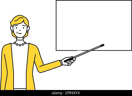 Pensionierte Senioren, Frau mittleren Alters, zeigt auf ein Whiteboard mit einem Indikatorstab, Vektor-Illustration Stock Vektor