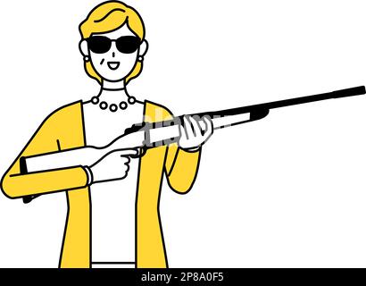 Rentner, Frau mittleren Alters, mit Sonnenbrille und Gewehr in der Hand, Vector Illustration Stock Vektor