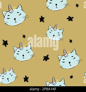 Süße Katze Caticorn oder Kitten Einhorn-Vektor, nahtloses Muster. Kawaii Cat Einhorn mit Lutscher. Isolierte Vektordarstellung für Kinder Design Prints, Po Stock Vektor