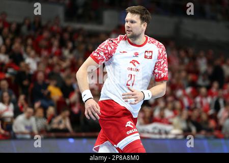 Kamil Syprzak aus Polen während des EHF Euro 2024 für Männer, Qualifikationsspiele zwischen Polen und Frankreich am 8. März 2023 in der ERGO Arena in Danzig, Polen – Foto: Piotr Matusewicz/DPPI/LiveMedia Stockfoto