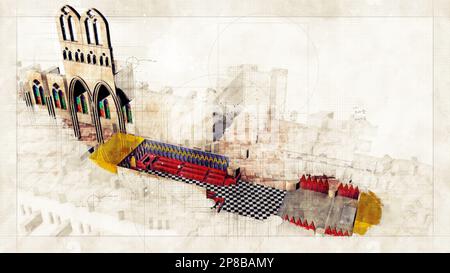 Westminster Abbey, 3D. Abschnitt, Kirchenkarte und Hauptpunkte. Krönung des neuen Königs. Nach London. England. Architektur und Innenausstattung. 3D-Rendering Stockfoto