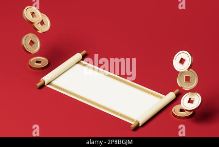 Chinesische alte Rolle mit goldenen Münzen, 3D-Rendering. Digitale Zeichnung. Stockfoto