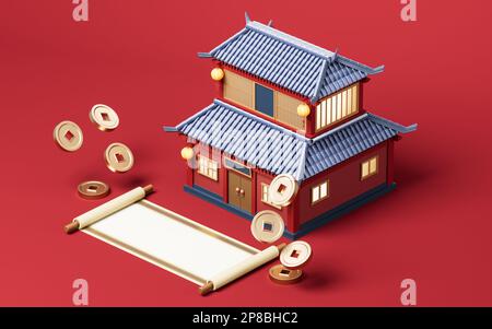 Chinesisches antikes Gebäude im Retro-Stil, 3D-Rendering. Digitale Zeichnung. Stockfoto