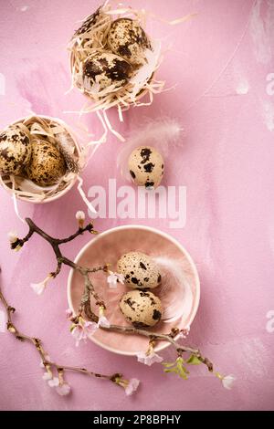 Ostereier und rosa Blumen auf rosa Hintergrund. Ostern- und Frühlingskonzept Stockfoto