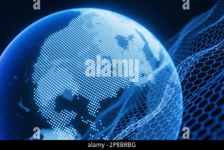 Digitale Erde mit Hintergrund aus dem Cyberspace, 3D-Rendering. Digitale Zeichnung. Stockfoto