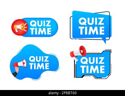 Megafon-Beschriftungsset mit Text Quiz-Zeit. Megafon-in-Hand-Werbebanner. Marketing und Werbung Stock Vektor