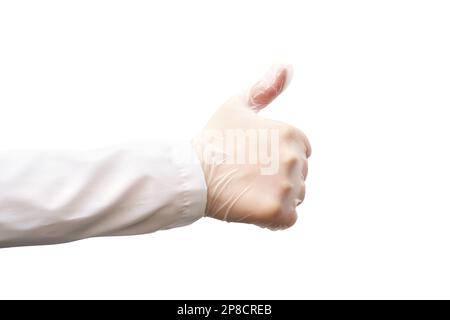 Daumen hoch im Medizinhandschuh. Die Hand des Chirurgen. Medizinisch-medizinische Operationsgeräte. Spezialist Clean Krankenhausarm. Geste zum Schutz vor sanitären Anlagen. Steriles Hygienekonzept. Genehmigung transparent Stockfoto