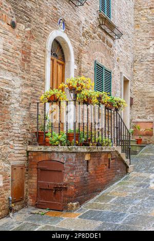 Blumen auf einer Treppe an einem Haus Stockfoto