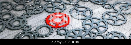 Red Leader Zahnräder Panoramablick auf das Konzept. 3D-Rendering Stockfoto