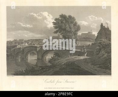 Blick auf Carlisle von Stanwix. Alte Eden-Brücke. Cumbria 1816 Antiquitäten-Aufdruck Stockfoto