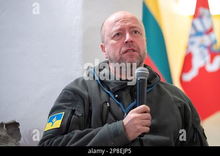 2023-02-15. Jonas Ohman, Gründer und Leiter der in Litauen ansässigen NRO Blue/Yellow für die Ukraine. Stockfoto