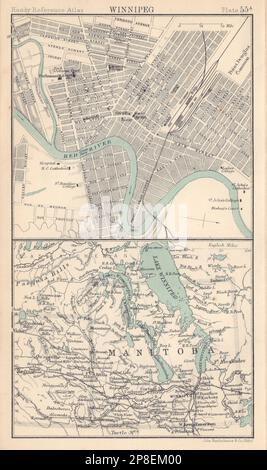 Stadtplan von Winnipeg. Briefmarkenprovinz Manitoba. Kanada 1898 alte Karte Stockfoto