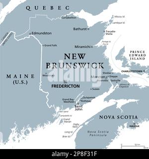 New Brunswick, maritime und atlantische Provinz Kanadas, graue politische Karte. Angrenzend an Quebec, Nova Scotia, Maine und den Golf von St. Lawrence. Stockfoto