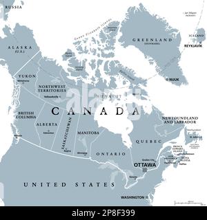 Kanada, Verwaltungsabteilungen, graue politische Karte. Zehn Provinzen und drei Territorien Kanadas mit ihren Grenzen und Hauptstädten. Stockfoto