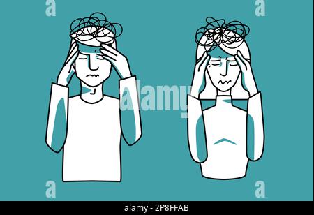 Gestresster Mann und gestresste Frau, Minze und Weiß, Hände am Kopf, geschlossene Augen. Stress Emotionen von Mann und Frau, Linienkunst, halbkörpergezeichnete Sketc Stock Vektor