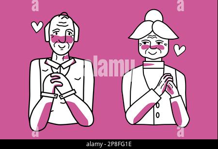 Schüchterne alte Frau und verliebter Mann, rosa und weiß, geliebte Großmutter und Großvater. Strichzeichnungen, handgezeichnete Zeichnungen mit pinkfarbenen Punkten. Stock Vektor
