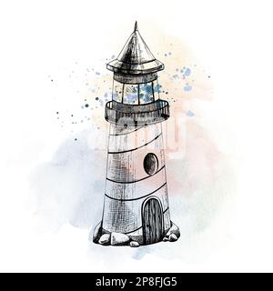 Ein Leuchtturm im Grafikstil, handgemalt auf einem Hintergrund mit Wasserblau- und Korallenflecken und Spritzwasser. Abbildung auf weißem Hintergrund für Stockfoto