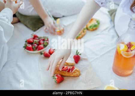 Picknick am Ufer eines Flusses. Decke mit Kissen und Essen auf einer Holzbrücke. Eine Flasche Erdbeeren-Zitronen-Smoothie, Limonengläser mit Strohhalmen, er Stockfoto