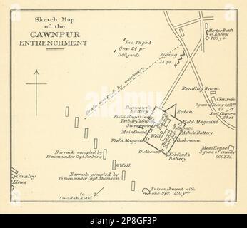 BRITISCHES INDIEN. Cawnpur (Kanpur) Vertiefung. 1857 Indian Mutiny 1905 alte Karte Stockfoto