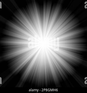 Digital gerenderte Lichteffektstrahlen Blitzstrahlen von Stern- oder sonnenweißen Glanzexplosionen. Stockfoto