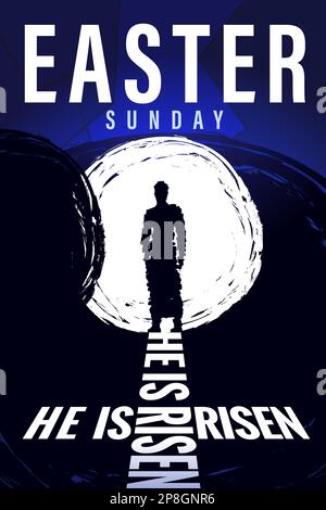 Er ist auferstanden, Jesus Christus Silhouette im offenen Grab. Ostersonntag- oder Karfreitagskonzept für Poster- oder Bannerdesign. Christus, unser Pessach Stock Vektor