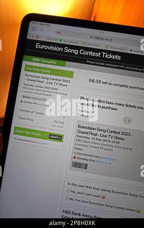 Die Tickets für das Eurovision 2023-Finale in Liverpool, die auf dem sekundären Markt von Viagogo verkauft werden, £300 Tickets für £4.720 Stockfoto