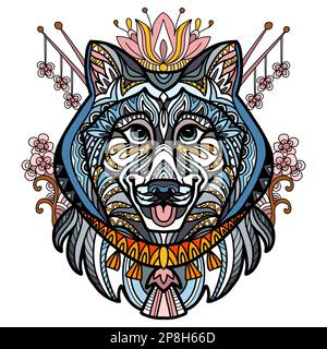 Abstrakter Hund mit dekorativen Ornamenten und Doodle-Elementen. Nahaufnahme des sibirischen Husky-Hundekopfes. Vektordarstellung. Für Druck, Design, Dekor, T-Shirt, Stock Vektor