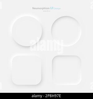 Ein Satz quadratischer und runder Knöpfe auf weißem Hintergrund. Benutzeroberflächenelemente im Stil des Pneumorphismus. Stock Vektor