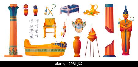 Alte ägyptische Symbole, gott- und pharao-Statuen, Pyramidenschätze, Skarabäus, Hieroglyphen und Sarkophag. Zeichen der ägyptischen Zivilisation, Ankh, goldener Thron, Vase und Säulen, Vektorzeichner Stock Vektor