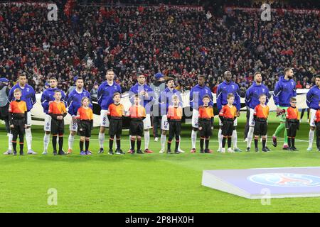 München, Deutschland. , . PSG-Team aufstellen, 99. Gianluigi DONNARUMMA, Wächter, 2. Achraf HAKIMI, 4. Sergio RAMOS, 5. MARQUINHOS, 6. Marco VERRATTI, 7. Kylian MBAPPE, 8. Fabian RUIZ, 15. Danilo PEREIRA, 17. VITINHA, 25. Nuno MENDES, 30. Lionel MESSI, FOOTBALL, UEFA CHAMPIONS LEAGUE, FC Bayern Muenchen vs PSG, Paris Saint Germain, Runde mit 16 2. Etappen am Mittwoch, 8. März 2023 in München im Fußballstadion der Allianz Arena, Ergebnis 2:0, (Foto: © Arthur THILL/ATPimages) (THILL Arthur/ATP/SPP) Guthaben: SPP Sport Press Photo. Alamy Live News Stockfoto