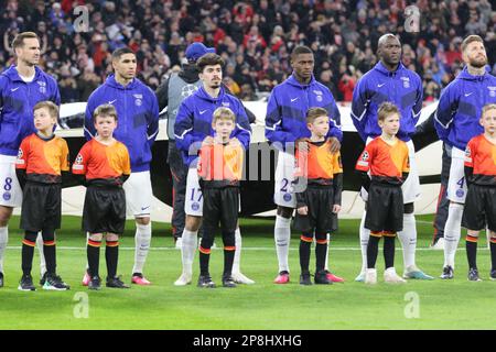 München, Deutschland. , . PSG-Team aufstellen, 99. Gianluigi DONNARUMMA, Wächter, 2. Achraf HAKIMI, 4. Sergio RAMOS, 5. MARQUINHOS, 6. Marco VERRATTI, 7. Kylian MBAPPE, 8. Fabian RUIZ, 15. Danilo PEREIRA, 17. VITINHA, 25. Nuno MENDES, 30. Lionel MESSI, FOOTBALL, UEFA CHAMPIONS LEAGUE, FC Bayern Muenchen vs PSG, Paris Saint Germain, Runde mit 16 2. Etappen am Mittwoch, 8. März 2023 in München im Fußballstadion der Allianz Arena, Ergebnis 2:0, (Foto: © Arthur THILL/ATPimages) (THILL Arthur/ATP/SPP) Guthaben: SPP Sport Press Photo. Alamy Live News Stockfoto