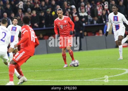 München, Deutschland 08. März 2023: 10 Leroy Sane von FcBayern, FOOTBALL, UEFA CHAMPIONS LEAGUE, FC Bayern Muenchen vs PSG, Paris Saint Germain, Runde mit 16 2. Etappe am Mittwoch, 8. März 2023 in München im Fußballstadion der Allianz Arena, Ergebnis 2:0, (Foto: © Arthur THILL / ATPimages) (THILL Arthur / ATP / SPP) Stockfoto