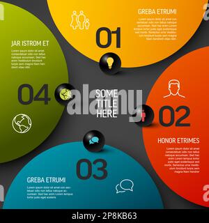 Abstrakte Vorlage für dunkles Schema mit vier Farbabschnitten oder Fortschrittsvorlage mit vier Schritten für große Farbkreise, Zahlen und Symbole auf schwarzen Kugeln. Stock Vektor