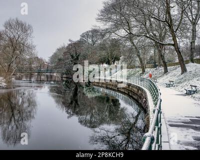 Winterblick auf den Fluss Wansbeck in Carlisle Park, Morpeth, Northumberland Stockfoto