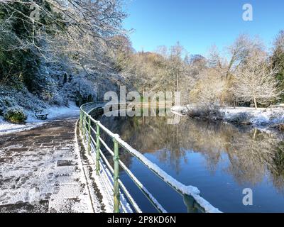 Eine Schneeszene am Wansbeck im Carlisle Park Morpeth, Northumberland Stockfoto