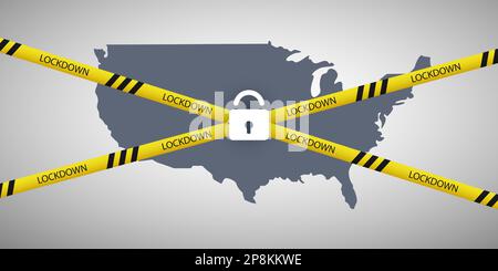 National Lockdown in den USA aufgrund der globalen Pandemie - Vector Design Concept mit Karte der USA, Seal Cordon Line und Vorhängeschloss - Notfall State Restriction Stock Vektor